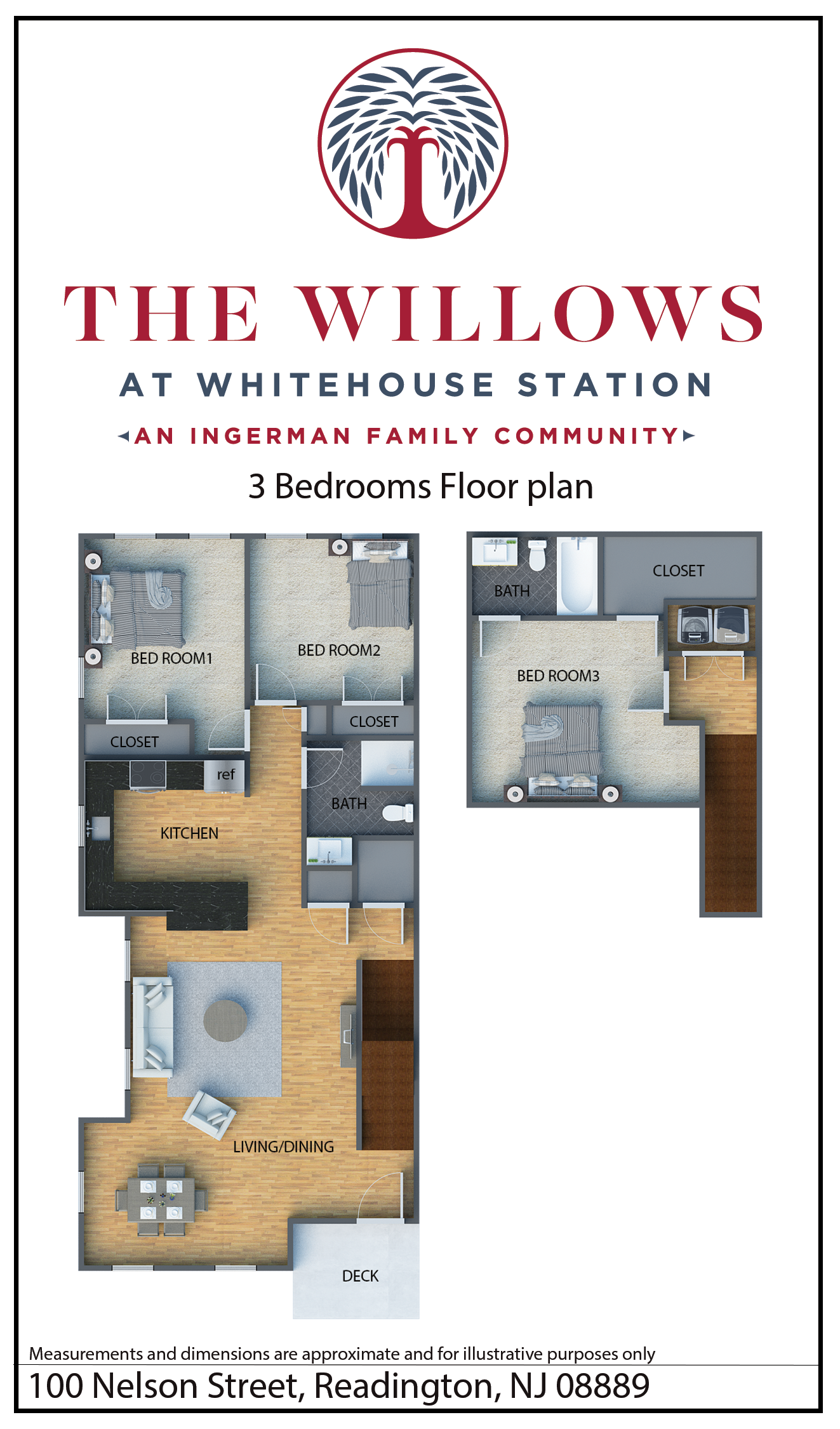 Floor plan for 3 beds, 2 baths, 1333 sqft